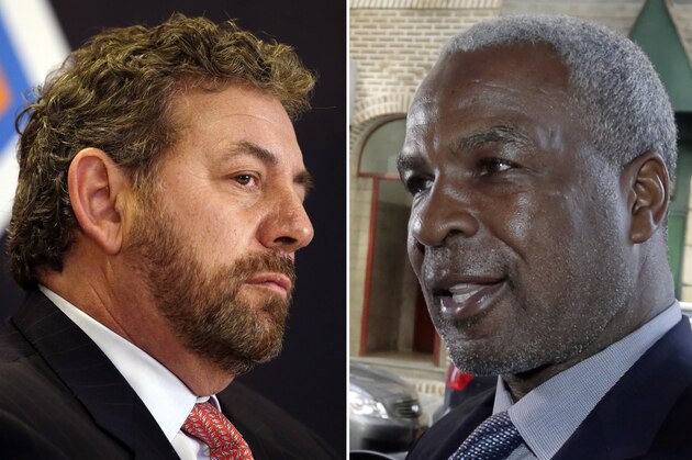 FILE - At left, in a March 18, 2014, file photo, James Dolan, executive chairman of Madison Square Garden, listens to a question at a news conference, in New York. At right, in an April 11, 2017, file photo, former New York Knicks basketball player Charles Oakley talks to the press after an appearance in Manhattan Criminal Court, in New York. New York Knicks great Charles Oakley is tired of