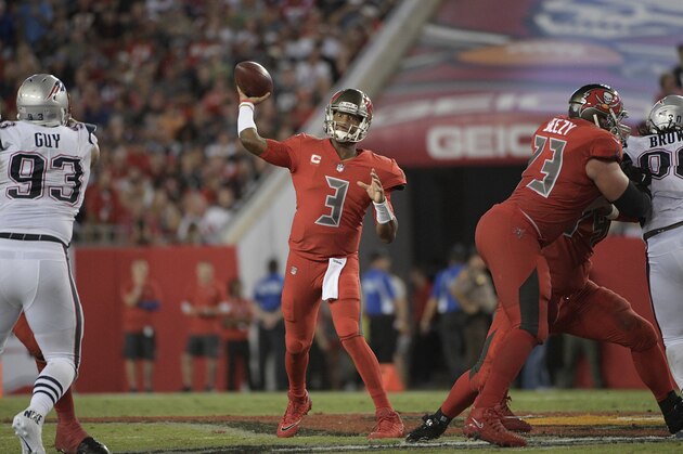 Tampa Bay Buccaneers quarterback Jameis Winston (3) throws a pass against the New England Patriots during the third quarter of an NFL football game Thursday, Oct. 5, 2017, in Tampa, Fla. (AP Photo/Phelan Ebenhack)