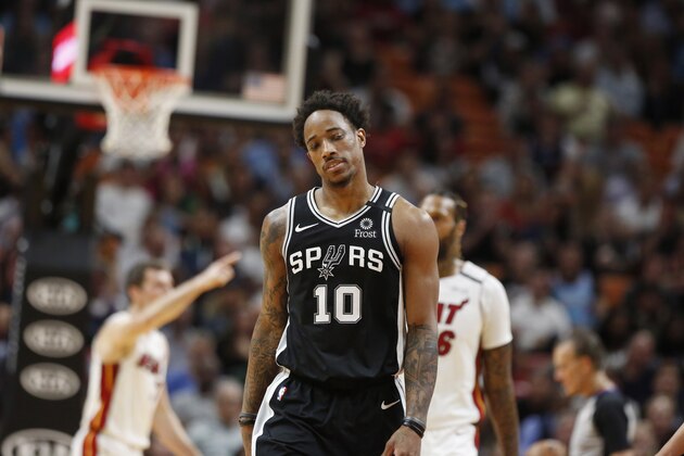 San Antonio Spurs guard DeMar DeRozan (10) reacts after fouling in the second half of an NBA basketball game against the Miami Heat Wednesday, Jan. 15, 2020, in Miami, Fla. Heat win 106-100. (AP Photo/Brynn Anderson)