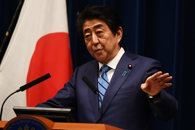 Japanese Prime Minister Shinzo Abe talks to the media during a press conference in Tokyo on March 14, 2020. (Photo by CHARLY TRIBALLEAU / AFP) (Photo by CHARLY TRIBALLEAU/AFP via Getty Images)