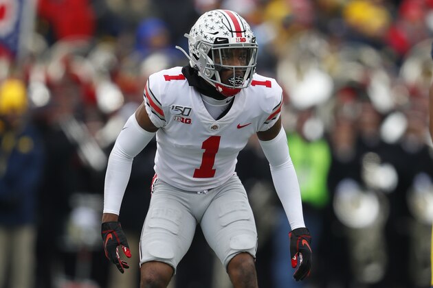 Ohio State cornerback Jeff Okudah plays against Michigan in the first half of an NCAA college football game in Ann Arbor, Mich., Saturday, Nov. 30, 2019. (AP Photo/Paul Sancya)