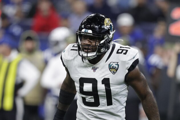 Jacksonville Jaguars defensive end Yannick Ngakoue (91) in action during the first half of an NFL football game against the Indianapolis Colts, Sunday, Nov. 17, 2019, in Indianapolis. (AP Photo/Michael Conroy)