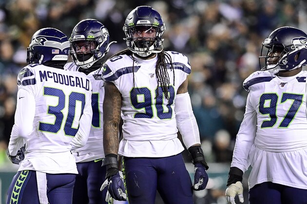 PHILADELPHIA, PENNSYLVANIA - JANUARY 05:  Jadeveon Clowney #90 of the Seattle Seahawks looks on against the Philadelphia Eagles in the NFC Wild Card Playoff game at Lincoln Financial Field on January 05, 2020 in Philadelphia, Pennsylvania. (Photo by Steven Ryan/Getty Images)