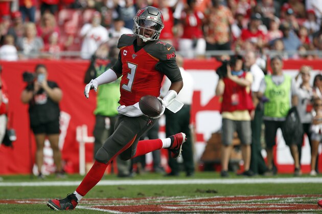 Tampa Bay Buccaneers quarterback Jameis Winston (3) scores on a two-point converion against the Atlanta Falcons during the first half of an NFL football game Sunday, Dec. 29, 2019, in Tampa, Fla. (AP Photo/Mark LoMoglio)