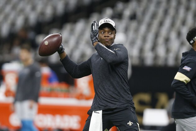 New Orleans Saints quarterback Teddy Bridgewater warms up before an NFL football game against the Carolina Panthers, Sunday, Nov. 24, 2019, in New Orleans. (AP Photo/Butch Dill) New Orleans Saints quarterback Teddy Bridgewater warms up before an NFL football game against the Carolina Panthers, Sunday, Nov. 24, 2019, in New Orleans. (AP Photo/Butch Dill)