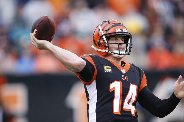 Cincinnati Bengals quarterback Andy Dalton throws during the first half of an NFL football game against the Cleveland Browns, Sunday, Dec. 29, 2019, in Cincinnati. (AP Photo/Gary Landers)