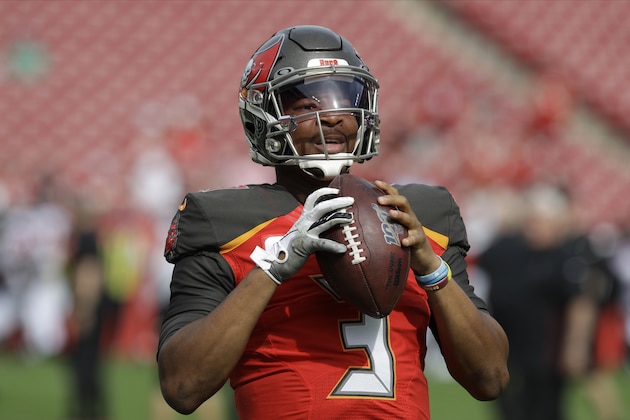 Tampa Bay Buccaneers quarterback Jameis Winston (3) before an NFL football game against the Atlanta Falcons Sunday, Dec. 29, 2019, in Tampa, Fla. (AP Photo/Chris O'Meara)