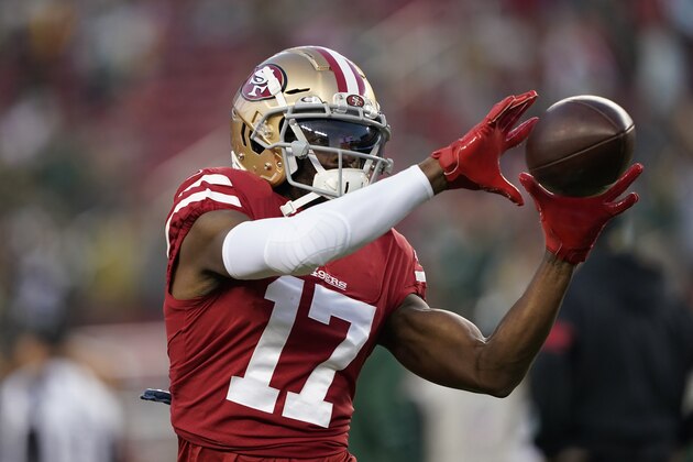 San Francisco 49ers wide receiver Emmanuel Sanders (17) warms up before an NFL football game against the Green Bay Packers in Santa Clara, Calif., Sunday, Nov. 24, 2019. (AP Photo/Tony Avelar)