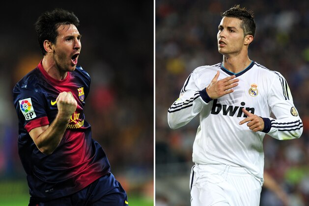 A combination of two pictures taken on October 7, 2012 shows Barcelona's Argentinian forward Lionel Messi (L) and Real Madrid's Portuguese forward Cristiano Ronaldo reacting after scoring a goal during the Spanish League Clasico football match FC Barcelona vs Real Madrid CF on October 7, 2012 at the Camp Nou stadium in Barcelona. Messi and Ronaldo both scored two goals. The game ended in a draw 2-2.    AFP PHOTO/ LLUIS GENE/ QUIQUE GARCIA        (Photo credit should read LLUIS GENE/AFP via Getty Images)