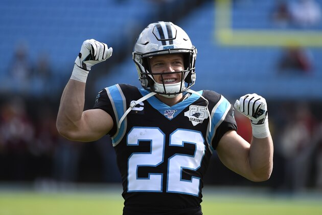 Carolina Panthers running back Christian McCaffrey (22) warms up prior to an NFL football game against the Washington Redskins in Charlotte, N.C., Sunday, Dec. 1, 2019. (AP Photo/Mike McCarn)