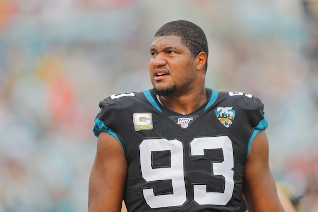JACKSONVILLE, FLORIDA - DECEMBER 01: Calais Campbell #93 of the Jacksonville Jaguars looks on from the sidelines during the second quarter of a game against the Tampa Bay Buccaneers at TIAA Bank Field on December 01, 2019 in Jacksonville, Florida. (Photo by James Gilbert/Getty Images)