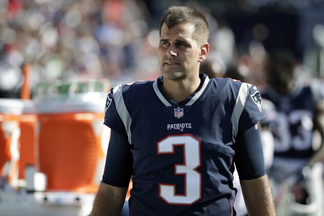 New England Patriots kicker Stephen Gostkowski watches from the sideline in the second half of an NFL football game against the New York Jets, Sunday, Sept. 22, 2019, in Foxborough, Mass. (AP Photo/Elise Amendola)