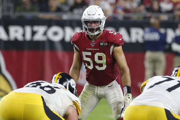 Arizona Cardinals linebacker Joe Walker (59) during an NFL football game against the Pittsburgh Steelers, Sunday, Dec. 8, 2019, in Glendale, Ariz. (AP Photo/Rick Scuteri)