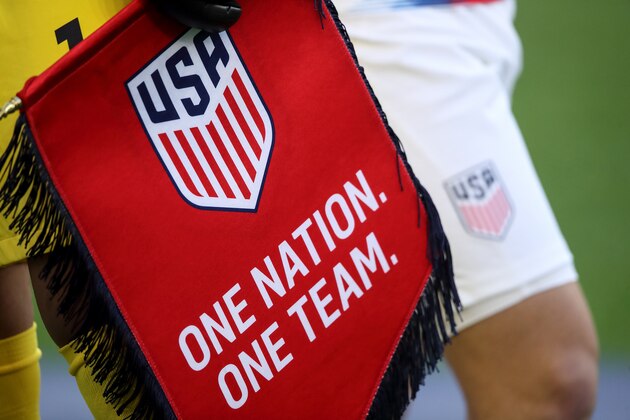 CLEVELAND, OH - JUNE 22: A USA pennant is seen with the quote One Nation One Team during the Group D 2019 CONCACAF Gold Cup fixture between United States of America and Trinidad & Tobago at FirstEnergy Stadium on June 22, 2019 in Cleveland, Ohio. (Photo by Matthew Ashton - AMA/Getty Images)