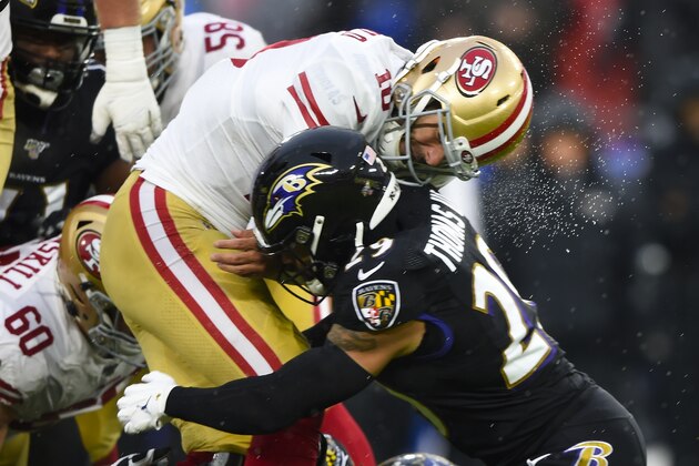 San Francisco 49ers quarterback Jimmy Garoppolo (10) is tackled by Baltimore Ravens free safety Earl Thomas (29) in the first half of an NFL football game, Sunday, Dec. 1, 2019, in Baltimore, Md. (AP Photo/Gail Burton)