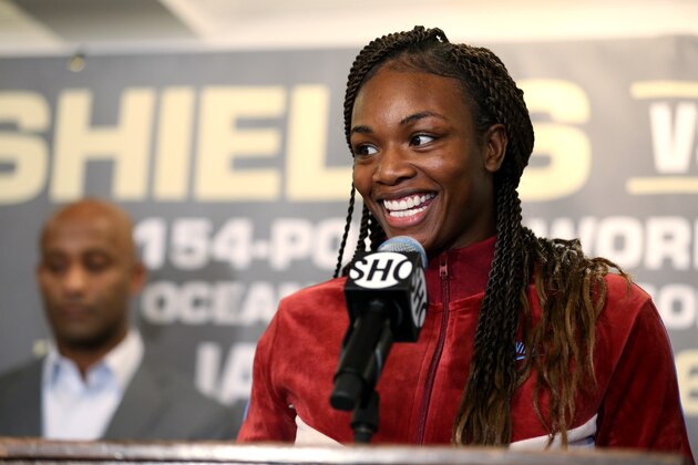 NEW YORK, NEW YORK - JANUARY 07: Claressa Shields speaks during a press conference with Ivana Habazin at Hotel Plaza Athenee prior to their January 11th, 2020 WBO 154-pound title fight at the Ocean Casino Resort in Atlantic City, NJ on January 07, 2020 in New York City. (Photo by Michael Owens/Getty Images)