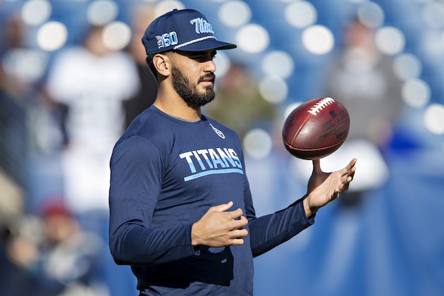 NASHVILLE, TN - NOVEMBER 24:  Marcus Mariota #8 of the Tennessee Titans warms up before a game against the Jacksonville Jaguars at Nissan Stadium on November 24, 2019 in Nashville, Tennessee.   The Titans defeated the Jaguars 42-20.  (Photo by Wesley Hitt/Getty Images)