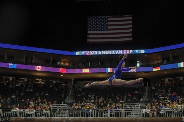Alba Petisco of Spain performs on the beam during the America Cup gymnastics competition Saturday, March 7, 2020, in Milwaukee. (AP Photo/Morry Gash)