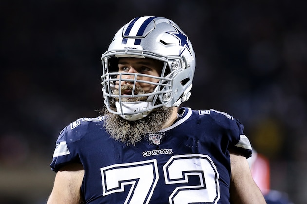 CHICAGO, ILLINOIS - DECEMBER 05: Travis Frederick #72 of the Dallas Cowboys looks on in the first quarter against the Chicago Bears at Soldier Field on December 05, 2019 in Chicago, Illinois. (Photo by Dylan Buell/Getty Images)