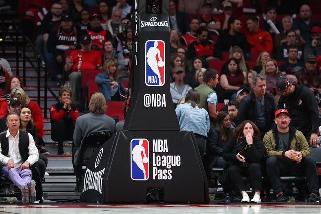PORTLAND, OREGON - OCTOBER 23: A general view of the NBA logo on the basketball hoop during their season opener at Moda Center on October 23, 2019 in Portland, Oregon. NOTE TO USER: User expressly acknowledges and agrees that, by downloading and or using this photograph, User is consenting to the terms and conditions of the Getty Images License Agreement (Photo by Abbie Parr/Getty Images)