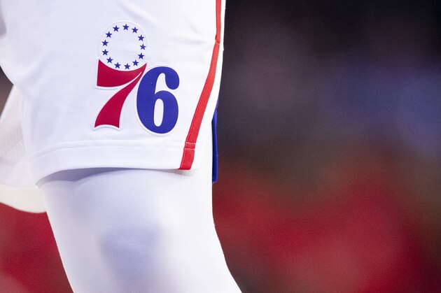 PHILADELPHIA, PA - OCTOBER 18: A general view of the Philadelphia 76ers logo against the Washington Wizards during the preseason game at the Wells Fargo Center on October 18, 2019 in Philadelphia, Pennsylvania. NOTE TO USER: User expressly acknowledges and agrees that, by downloading and or using this photograph, User is consenting to the terms and conditions of the Getty Images License Agreement.(Photo by Mitchell Leff/Getty Images)