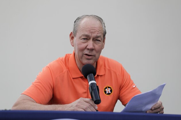 Houston Astros owner Jim Crane speaks during a news conference before the start of the first official spring training baseball practice for the team Thursday, Feb. 13, 2020, in West Palm Beach, Fla. (AP Photo/Jeff Roberson)