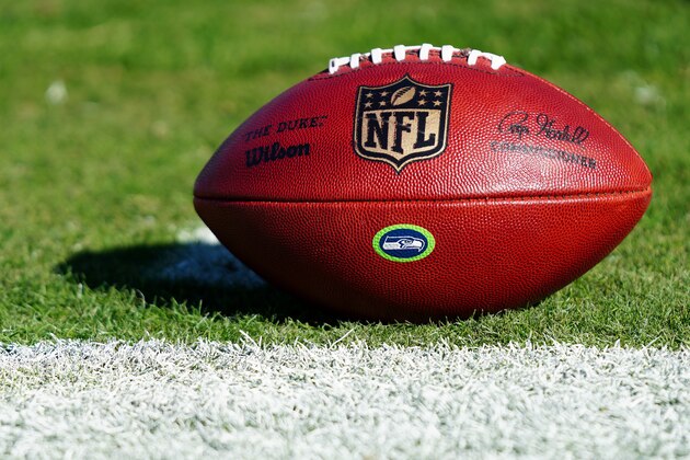 CHARLOTTE, NORTH CAROLINA - DECEMBER 15: A football with the NFL logo and the Seattle Seahawks logo before their game against the Carolina Panthers at Bank of America Stadium on December 15, 2019 in Charlotte, North Carolina. (Photo by Jacob Kupferman/Getty Images)
