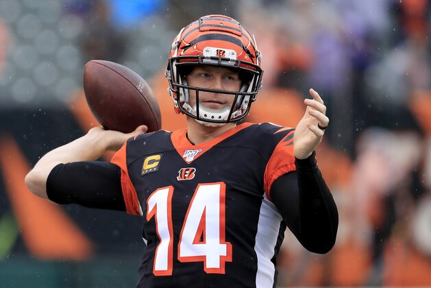 CINCINNATI, OHIO - DECEMBER 29:   Andy Dalton #14 of the Cincinnati Bengals throws the ball before the game against the Cleveland Browns at Paul Brown Stadium on December 29, 2019 in Cincinnati, Ohio. (Photo by Andy Lyons/Getty Images)
