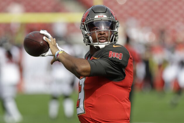 Tampa Bay Buccaneers quarterback Jameis Winston (3) before an NFL football game against the Atlanta Falcons Sunday, Dec. 29, 2019, in Tampa, Fla. (AP Photo/Chris O'Meara)