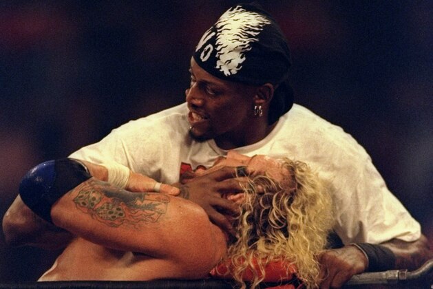 12 Jun 1998:  Dennis (Rodzilla) Rodman (right) takes on Diamond Dallas Page during the WCW Bash at the Beach at the Cox Arena in San Diego, California. Mandatory Credit: Elsa Hasch  /Allsport