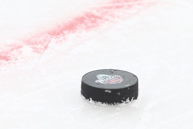 ST. LOUIS, MO - JANUARY 1: A detail shot of the 2017 Bridgestone NHL Winter Classic logo on a puck at the 2017 Bridgestone NHL Winter Classic Practice Day at Busch Stadium on January 1, 2017 in St. Louis, Missouri.  (Photo by Dilip Vishwanat/Getty Images)