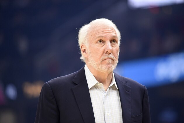 CLEVELAND, OHIO - MARCH 08: Head coach Gregg Popovich of the San Antonio Spurs watches the scoreboard during the first half against the Cleveland Cavaliers at Rocket Mortgage Fieldhouse on March 08, 2020 in Cleveland, Ohio. NOTE TO USER: User expressly acknowledges and agrees that, by downloading and/or using this photograph, user is consenting to the terms and conditions of the Getty Images License Agreement. (Photo by Jason Miller/Getty Images)