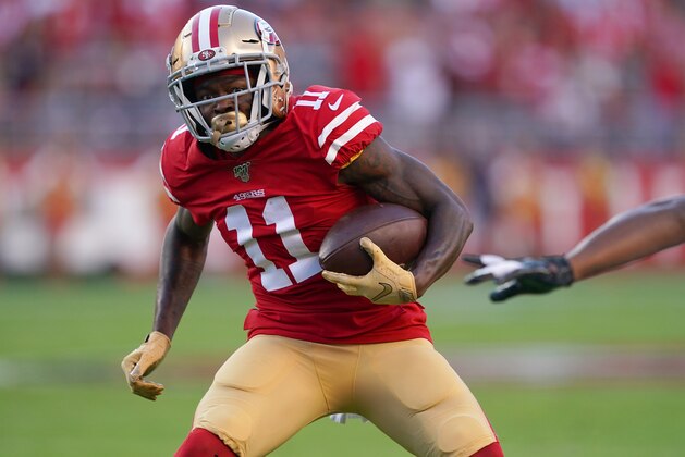 SANTA CLARA, CALIFORNIA - OCTOBER 07: Marquise Goodwin #11 of the San Francisco 49ers carries the ball against the Cleveland Browns during the first quarter of an NFL football game at Levi's Stadium on October 07, 2019 in Santa Clara, California. (Photo by Thearon W. Henderson/Getty Images)