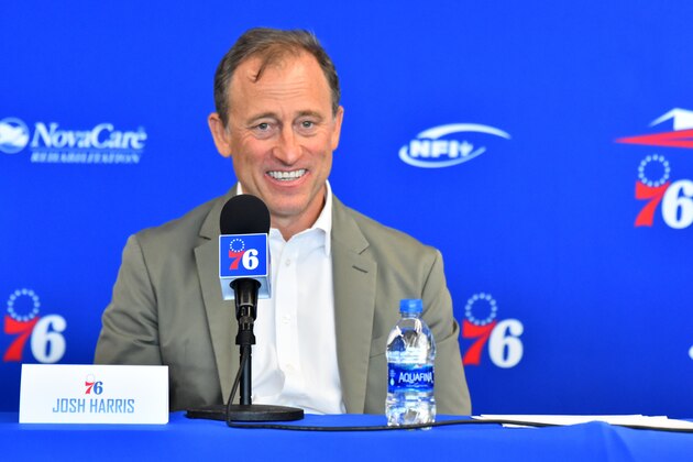 CAMDEN, NJ - JULY 12: Philadelphia 76ers Owner, Josh Harris speaks during a press conference on July 12, 2019 at the Philadelphia 76ers Training Complex in Camden, New Jersey. NOTE TO USER: User expressly acknowledges and agrees that, by downloading and/or using this photograph, user is consenting to the terms and conditions of the Getty Images License Agreement. Mandatory Copyright Notice: Copyright 2019 NBAE (Photo by Jesse D. Garrabrant/NBAE via Getty Images)