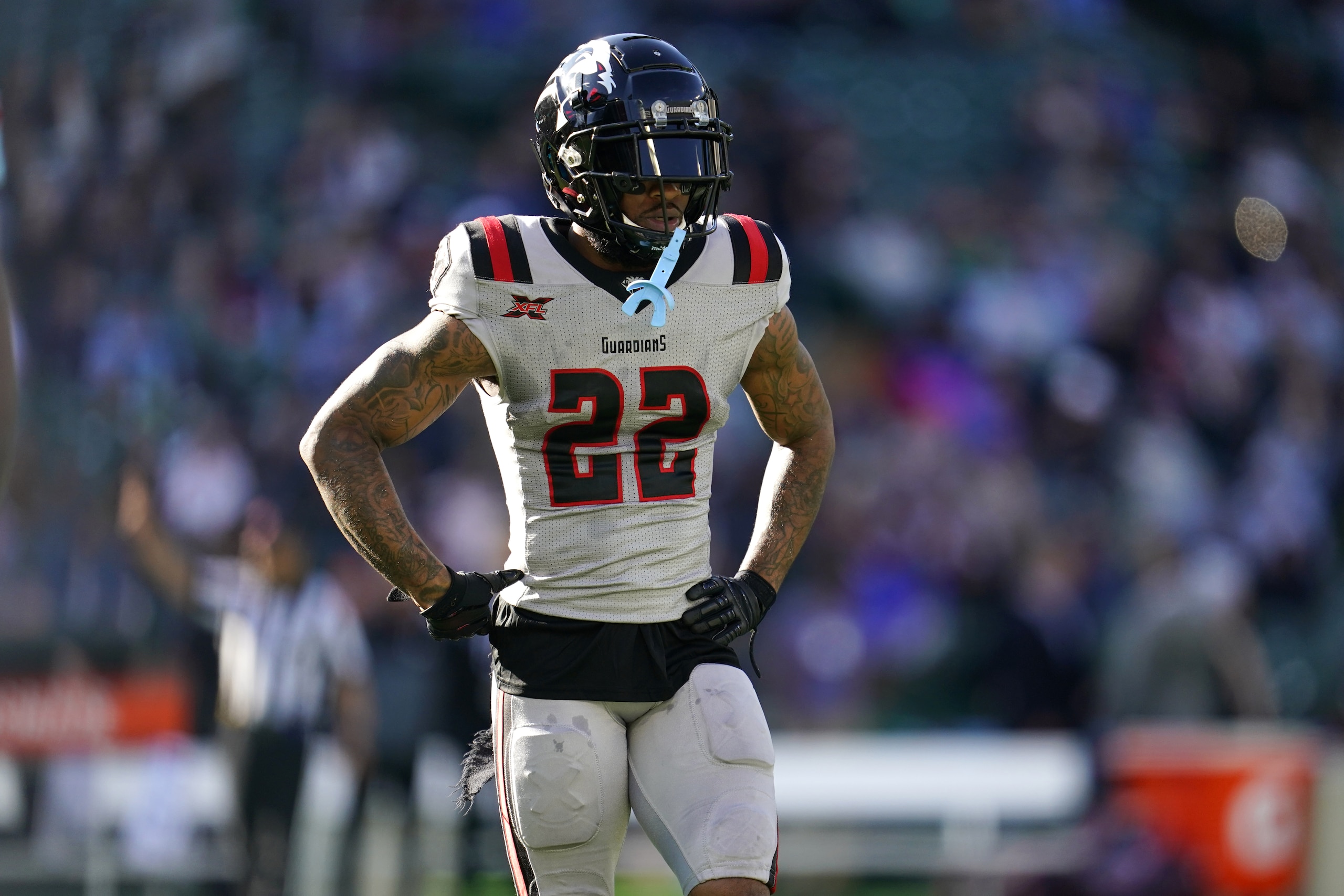 ARLINGTON, TX - MARCH 7: Dravon Askew-Henry #22 of the New York Guardians looks on during the XFL game against the Dallas Renegades at Globe Life Park on March 7, 2020 in Arlington, Texas. (Photo by Cooper Neill/XFL via Getty Images)
