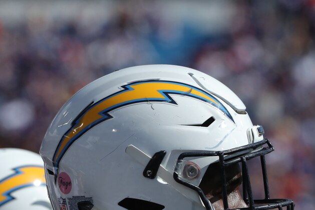 BUFFALO, NY - SEPTEMBER 16: A detailed view of the Chargers logo on the helmet of Trent Scott #68 of the Los Angeles Chargers during NFL game action against the Buffalo Bills at New Era Field on September 16, 2018 in Buffalo, New York. (Photo by Tom Szczerbowski/Getty Images)