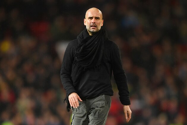 MANCHESTER, ENGLAND - MARCH 08: Manchester City manager Pep Guardiola looks on after during the Premier League match between Manchester United and Manchester City at Old Trafford on March 08, 2020 in Manchester, United Kingdom. (Photo by Michael Regan/Getty Images)