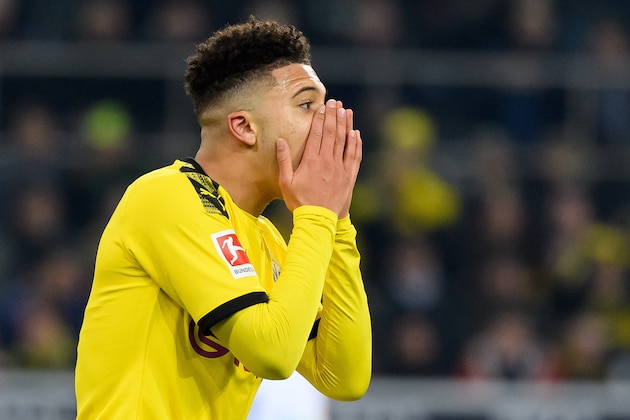 MOENCHENGLADBACH, GERMANY - MARCH 07: (BILD ZEITUNG OUT) Jadon Sancho of Borussia Dortmund looks dejected during the Bundesliga match between Borussia Moenchengladbach and Borussia Dortmund at Borussia-Park on March 7, 2020 in Moenchengladbach, Germany. (Photo by Alex Gottschalk/DeFodi Images via Getty Images)