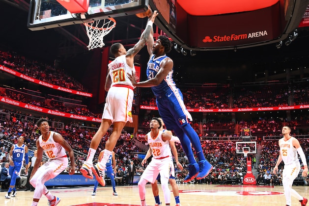ATLANTA, GA - OCTOBER 28: Joel Embiid #21 of the Philadelphia 76ers dunks teh ball against John Collins #20 of the Atlanta Hawks on October 28, 2019 at State Farm Arena in Atlanta, Georgia. NOTE TO USER: User expressly acknowledges and agrees that, by downloading and/or using this Photograph, user is consenting to the terms and conditions of the Getty Images License Agreement. Mandatory Copyright Notice: Copyright 2019 NBAE (Photo by Scott Cunningham/NBAE via Getty Images) ATLANTA, GA - OCTOBER 28: Joel Embiid #21 of the Philadelphia 76ers dunks teh ball against John Collins #20 of the Atlanta Hawks on October 28, 2019 at State Farm Arena in Atlanta, Georgia. NOTE TO USER: User expressly acknowledges and agrees that, by downloading and/or using this Photograph, user is consenting to the terms and conditions of the Getty Images License Agreement. Mandatory Copyright Notice: Copyright 2019 NBAE (Photo by Scott Cunningham/NBAE via Getty Images)