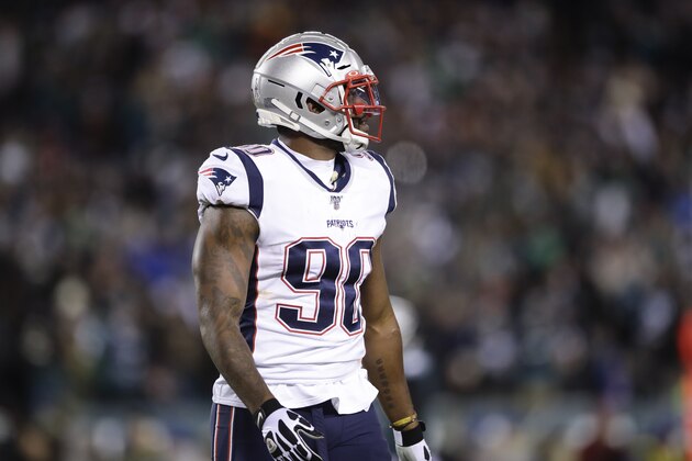 New England Patriots defensive end Shilique Calhoun in action during an NFL football game against the Philadelphia Eagles, Sunday, Nov. 17, 2019, in Philadelphia.(AP Photo/Matt Rourke)