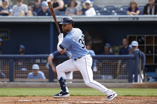 PORT CHARLOTTE, FL - FEBRUARY 26: Kevin Kiermaier #39 of the Tampa Bay Rays bats during a Grapefruit League spring training game against the Minnesota Twins at Charlotte Sports Park on February 26, 2020 in Port Charlotte, Florida. The Twins defeated the Rays 10-8. (Photo by Joe Robbins/Getty Images)