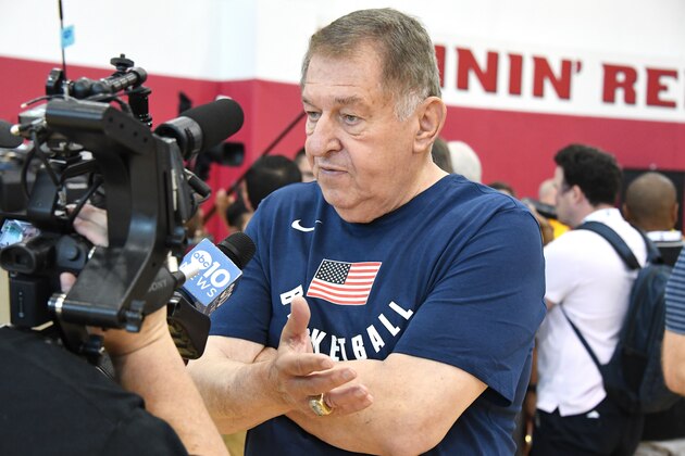 LAS VEGAS, NV - AUGUST 05: Coach Jerry Colangelo of USA Basketball speaks with the media after the game at Mendenhall Center on the University of Nevada, Las Vegas campus on August 05, 2019 in Las Vegas Nevada. NOTE TO USER: User expressly acknowledges and agrees that, by downloading and/or using this Photograph, user is consenting to the terms and conditions of the Getty Images License Agreement. Mandatory Copyright Notice: Copyright 2019 NBAE (Photo by Andrew D. Bernstein/NBAE via Getty Images) LAS VEGAS, NV - AUGUST 05: Coach Jerry Colangelo of USA Basketball speaks with the media after the game at Mendenhall Center on the University of Nevada, Las Vegas campus on August 05, 2019 in Las Vegas Nevada. NOTE TO USER: User expressly acknowledges and agrees that, by downloading and/or using this Photograph, user is consenting to the terms and conditions of the Getty Images License Agreement. Mandatory Copyright Notice: Copyright 2019 NBAE (Photo by Andrew D. Bernstein/NBAE via Getty Images)