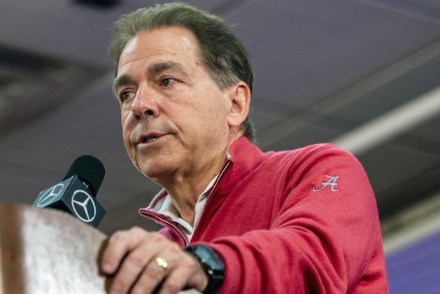 Alabama NCAA college football coach Nick Saban introduces and thanks Alabama quarterback Tua Tagovailoa before he announces his intentions to declare for the 2020 NFL football draft, Monday, Jan. 6, 2020, in Tuscaloosa, Ala. (AP Photo/Vasha Hunt) Alabama NCAA college football coach Nick Saban introduces and thanks Alabama quarterback Tua Tagovailoa before he announces his intentions to declare for the 2020 NFL football draft, Monday, Jan. 6, 2020, in Tuscaloosa, Ala. (AP Photo/Vasha Hunt)
