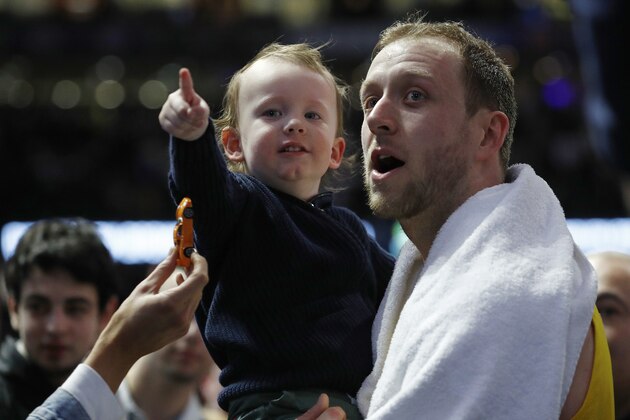MELBOURNE, AUSTRALIA - AUGUST 24: Joe Ingles of the Boomers and son Jacob are seen during game two of the International Basketball series between the Australian Boomers and United States of America at Marvel Stadium on August 24, 2019 in Melbourne, Australia. (Photo by Daniel Pockett/Getty Images)
