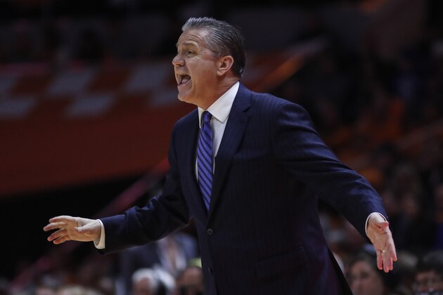 Kentucky head coach John Calipari reacts to a play during an NCAA college basketball game against Tennessee Saturday, Feb. 8, 2020, in Knoxville, Tenn. Kentucky won 77-64. (AP Photo/Wade Payne)