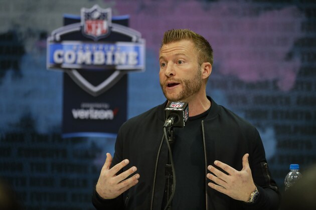 Los Angeles Rams head coach Sean McVay speaks during a press conference at the NFL football scouting combine in Indianapolis, Tuesday, Feb. 25, 2020. (AP Photo/Michael Conroy)