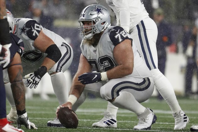 Dallas Cowboys center Travis Frederick prepares for the snap at the line of scrimmage during an NFL football game against the New England Patriots at Gillette Stadium, Sunday, Nov. 24, 2019 in Foxborough, Mass. (Winslow Townson/AP Images for Panini)