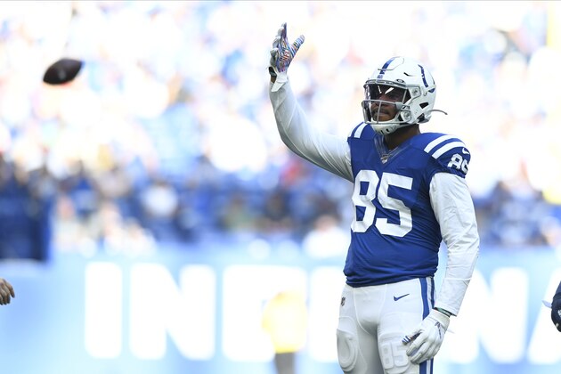Indianapolis Colts' Eric Ebron (85) reacts during the second half of an NFL football game against the Houston Texans, Sunday, Oct. 20, 2019, in Indianapolis. (AP Photo/Doug McSchooler)