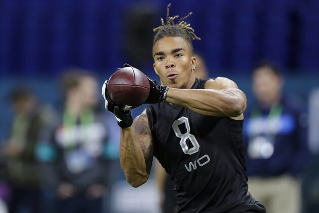 Notre Dame wide receiver Chase Claypool runs a drill at the NFL football scouting combine in Indianapolis, Thursday, Feb. 27, 2020. (AP Photo/Michael Conroy)