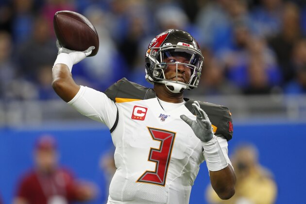 Tampa Bay Buccaneers quarterback Jameis Winston throws against the Detroit Lions during an NFL football game in Detroit, Sunday, Dec. 15, 2019. (AP Photo/Paul Sancya)